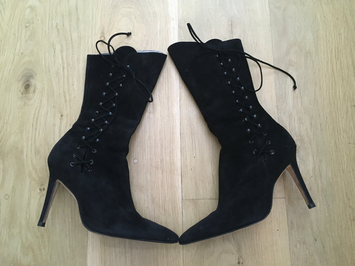 Manolo Blahnik Women's Black Suede Pointed-Toe Boots Size 37 Ladies