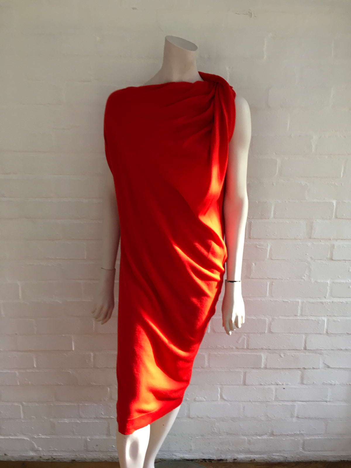 LANVIN Women's Red Draped Asymmetric Neck Wool Knit Dress Ladies