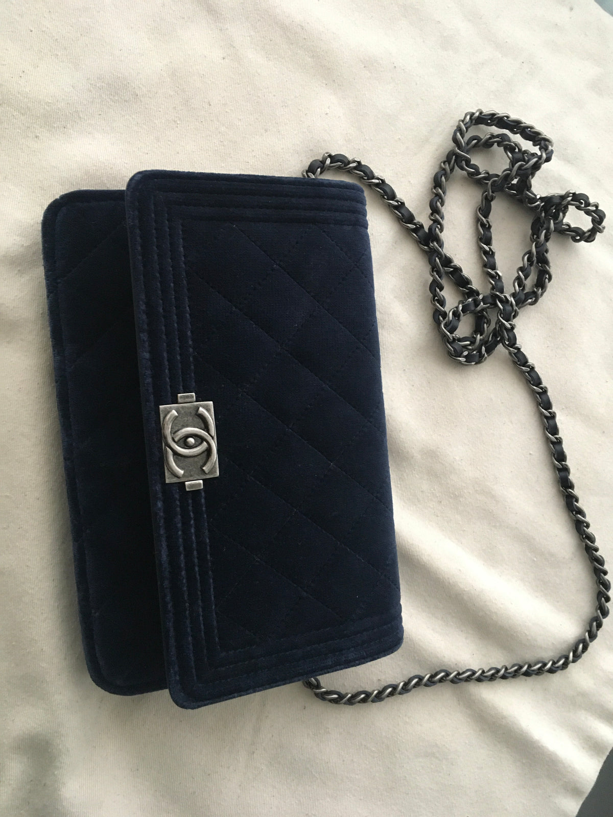 Chanel Velvet Quilted Boy Wallet On Chain WOC Navy Blue Bag Handbag Rare ladies