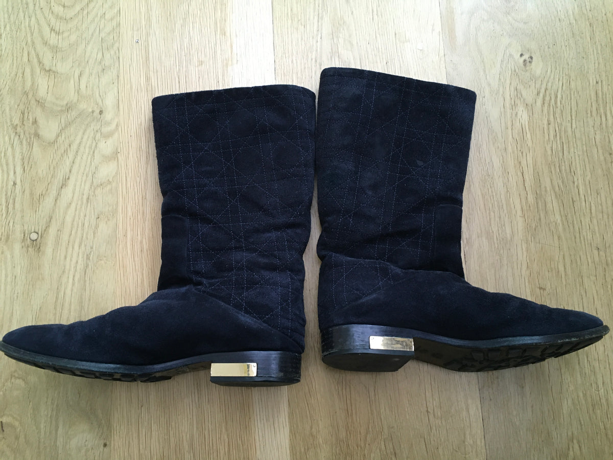 DIOR Navy Suede Leather Shearling Fur Cannage Flat Boots Size 36 UK 3 US 6 ladies