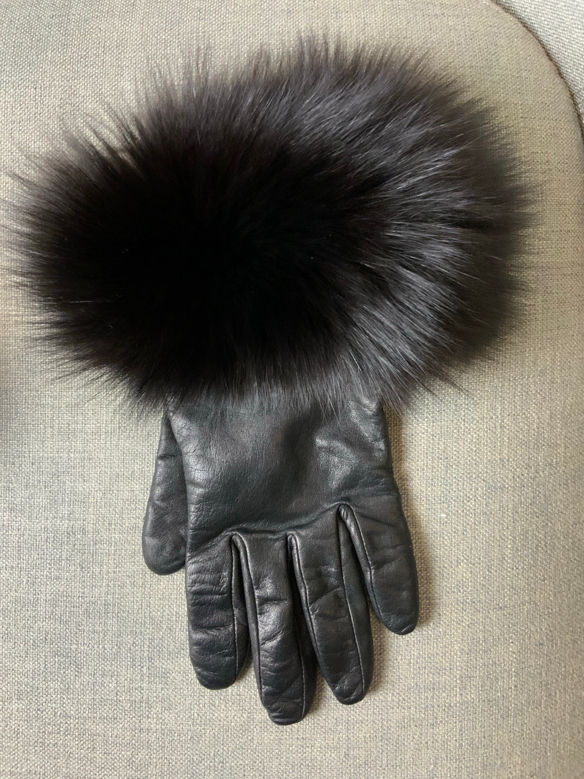 Leather Black Fox Fur Trim Cashmere Lining Short Gloves Size M Medium ladies