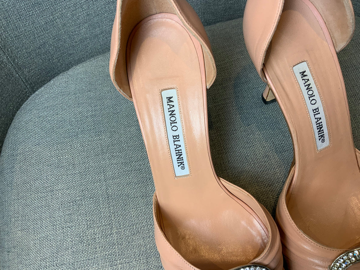 Manolo Blahnik Pink Leather D'Orsay PUMPS HEELS SIZE 37 1/2 US 7.5 UK 4.5 ladies