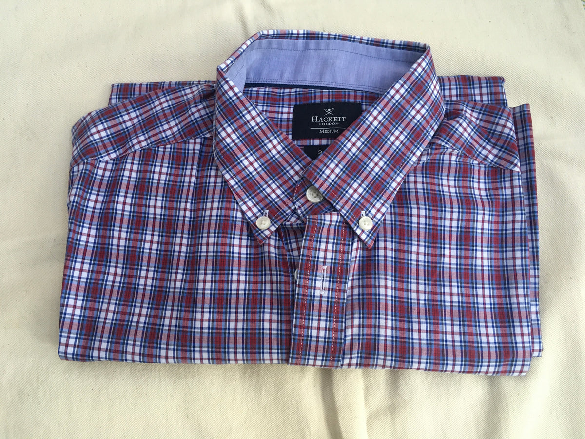Hackett London Blue & Wine Red Melange Poplin Check Button Down Shirt Size M Men