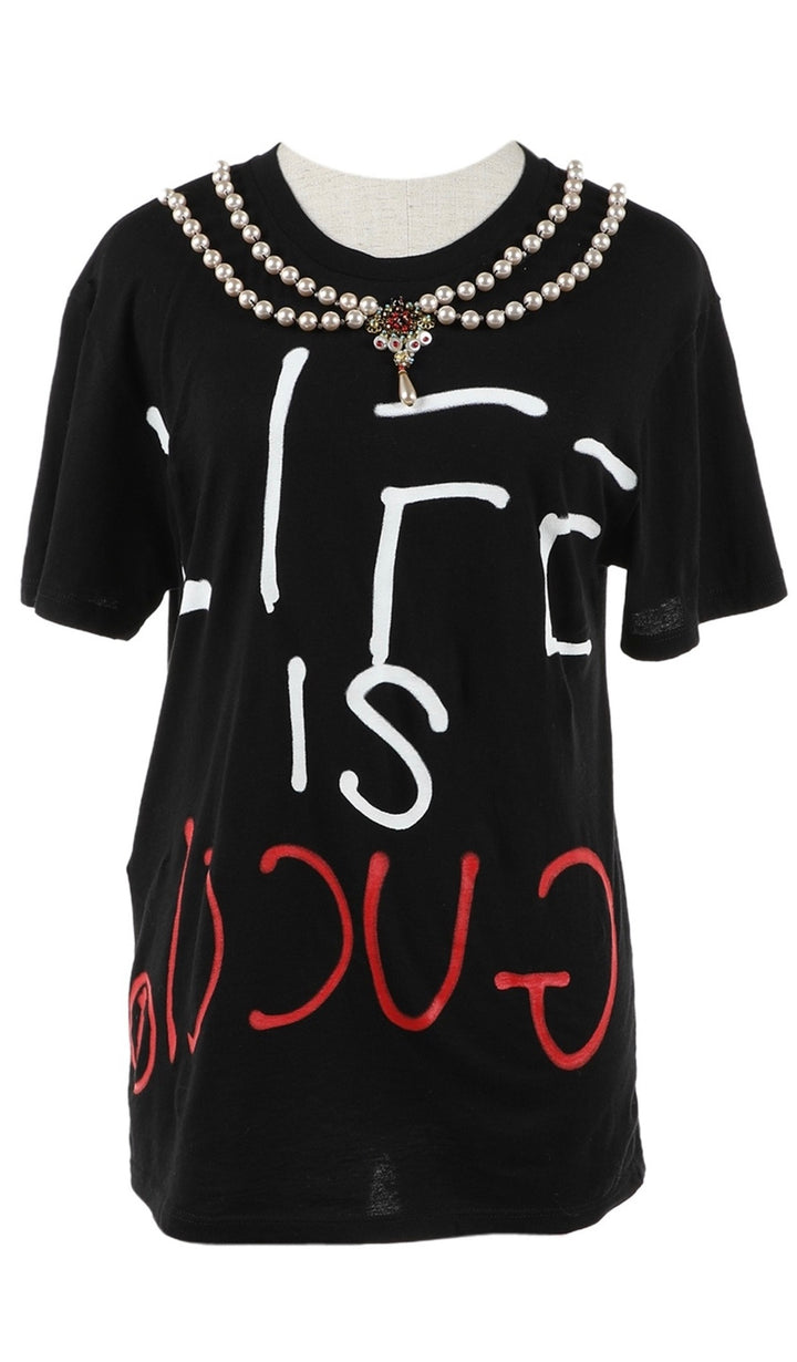 Gucci Appliquéd Life Is Gucci Black Pearls T-Shirt Nicki Minaj  Ladies