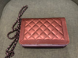 CHANEL Metallic Pink Quilted Patent Leather Boy Flap Bag WOC Wallet on Chain ladies