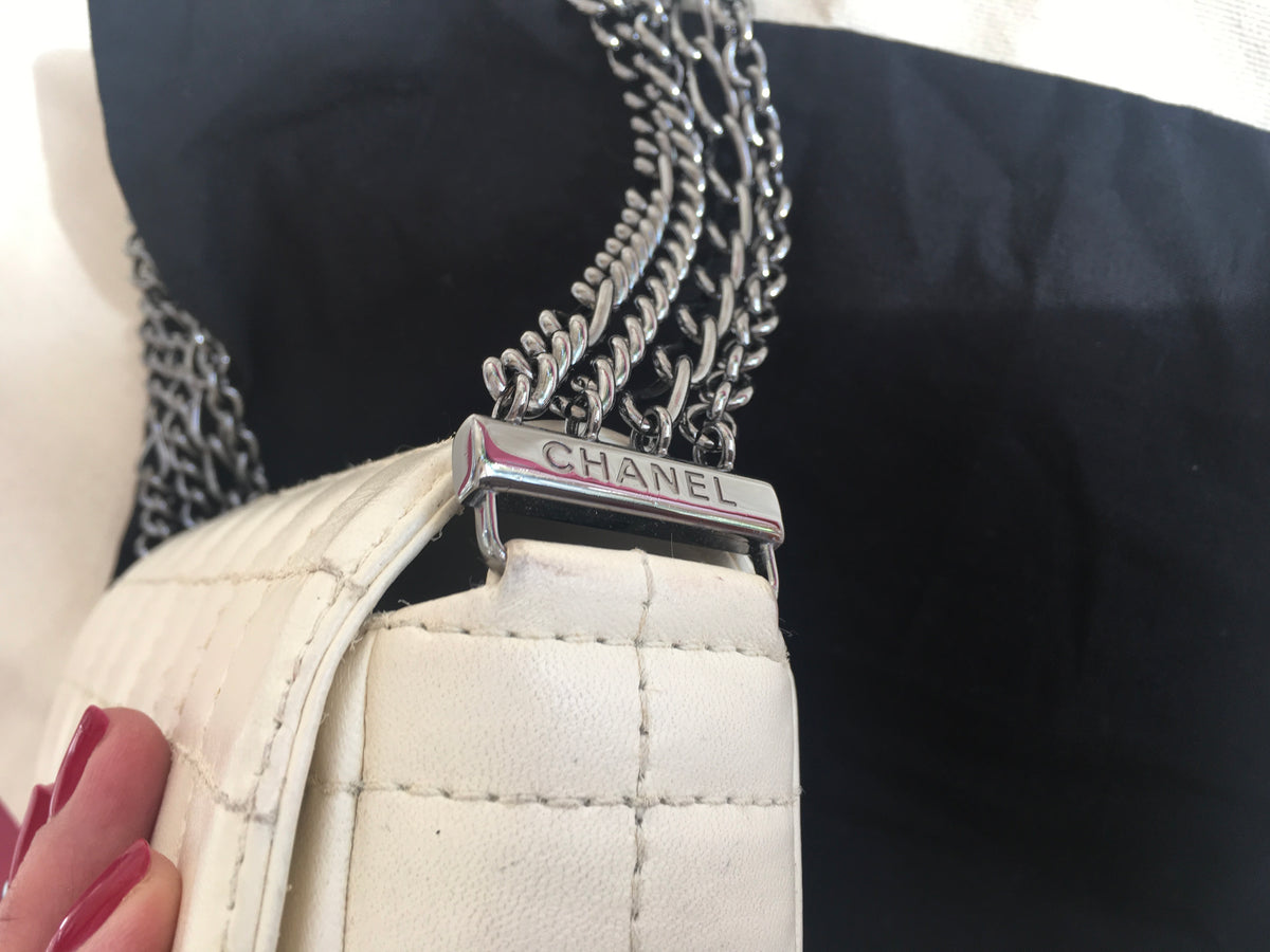 Chanel White Square Quilted Leather Mini Flap Handbag Multi Chain Bag Rare Ladies