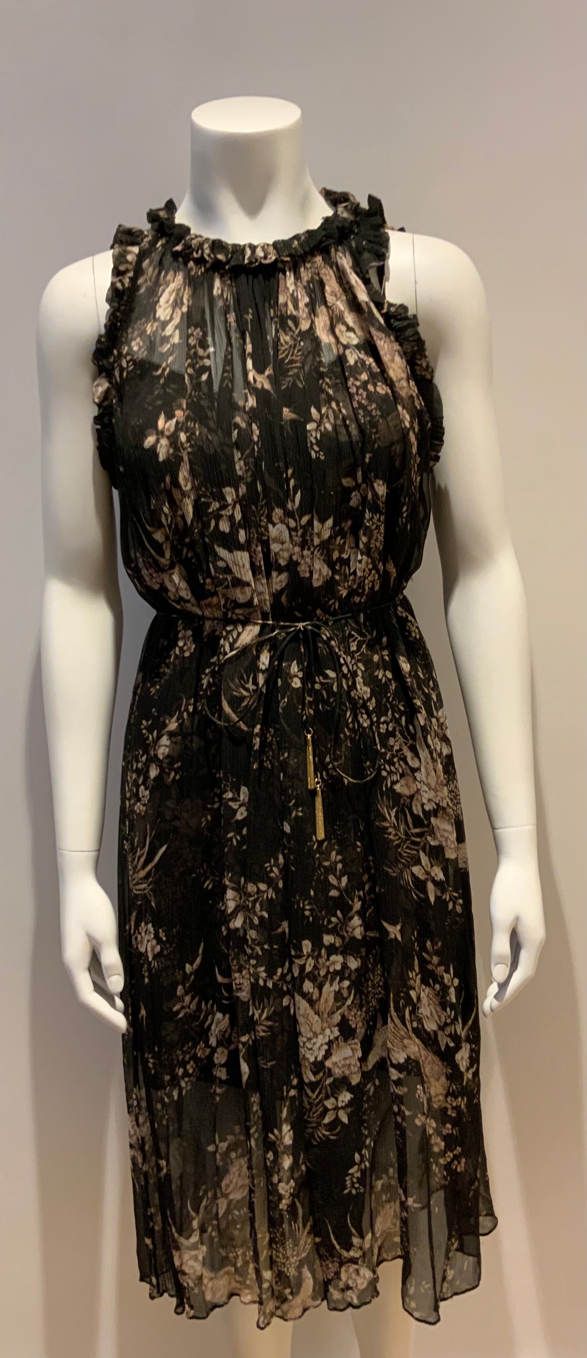 ZIMMERMANN MAPLES RUFFLE NECK Silk Birds Midi Dress Size 0 XS ladies