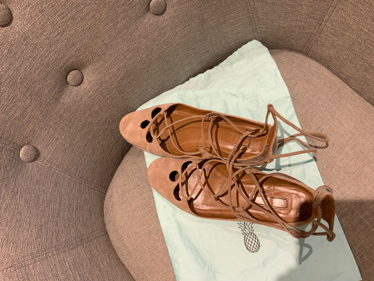 Aquazzura Dance Beige Suede Leather Flats Shoes Size 35 US 2 UK 5 ladies