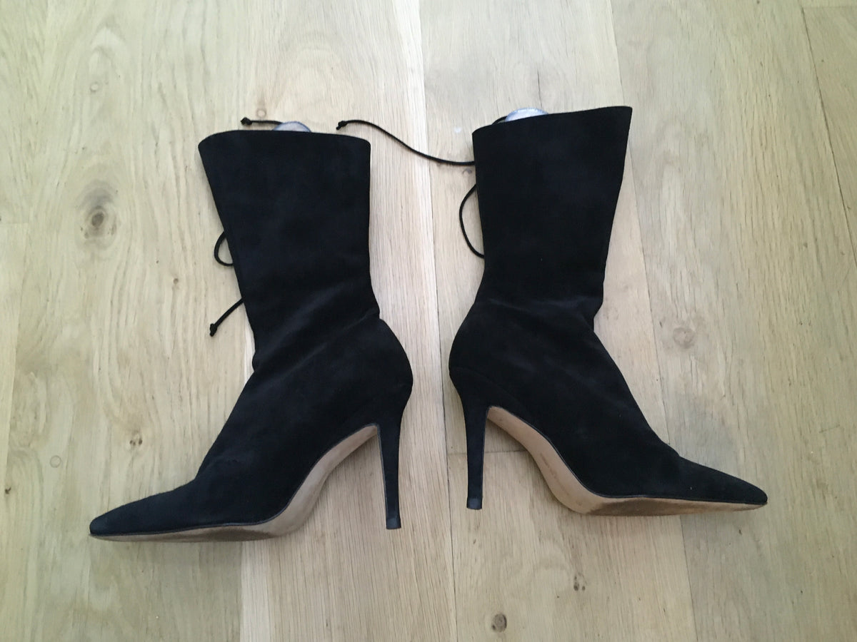 Manolo Blahnik Women's Black Suede Pointed-Toe Boots Size 37 Ladies