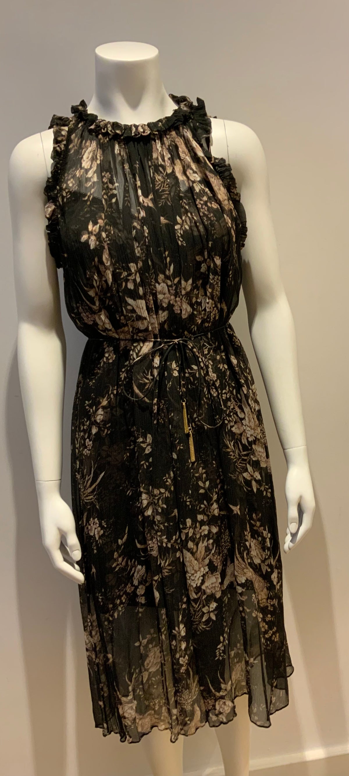 ZIMMERMANN MAPLES RUFFLE NECK Silk Birds Midi Dress Size 0 XS ladies