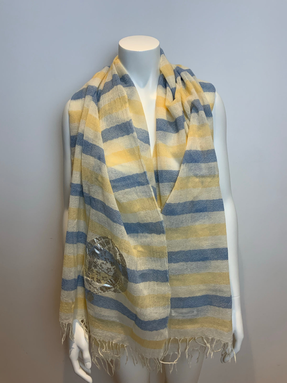 Tsumori Chisato Thin Knit Silver print scarf fringe trim scarf shawl AMAZING ladies