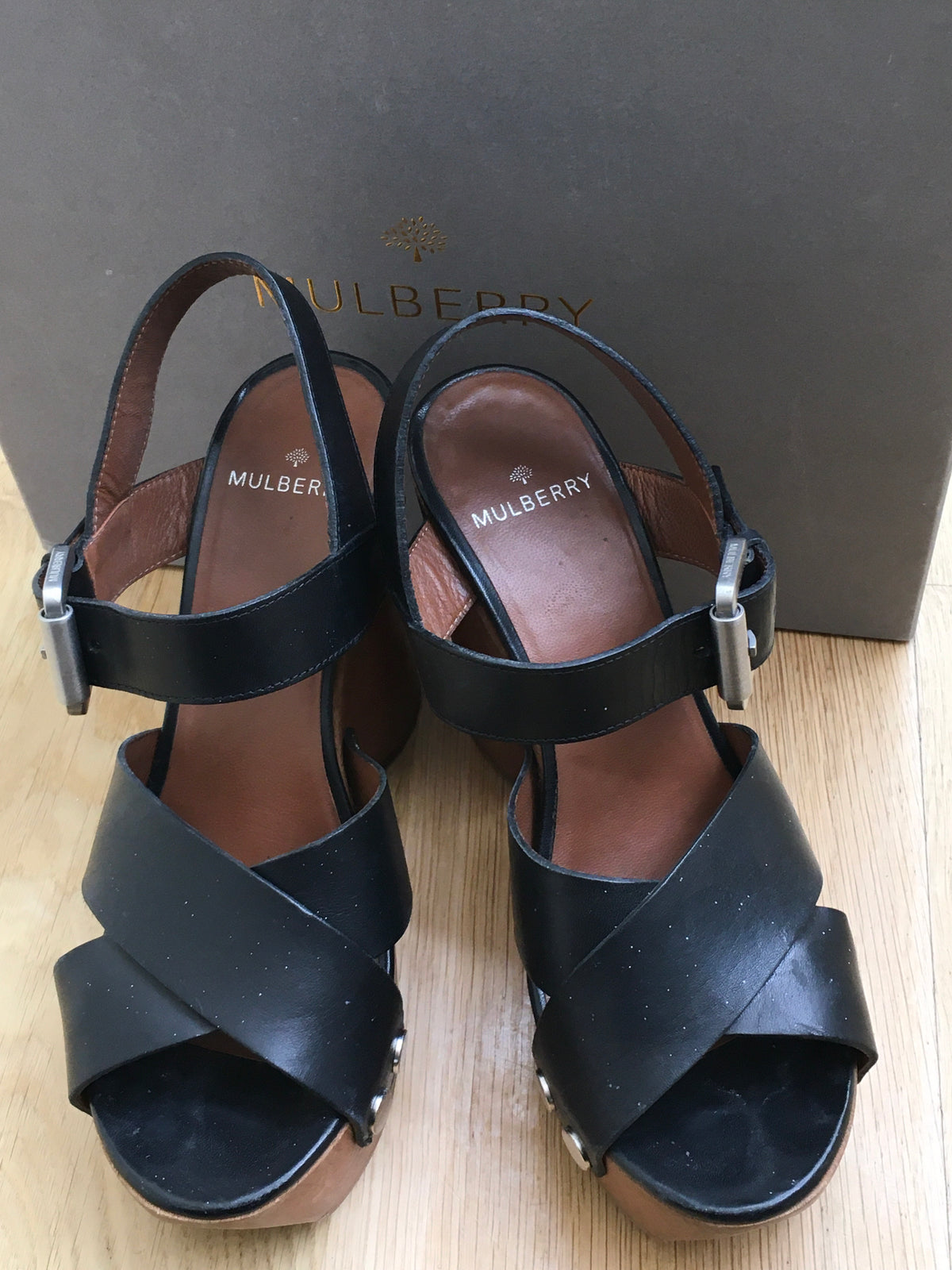Mulberry black leather platform garden sandals Size 38 ladies