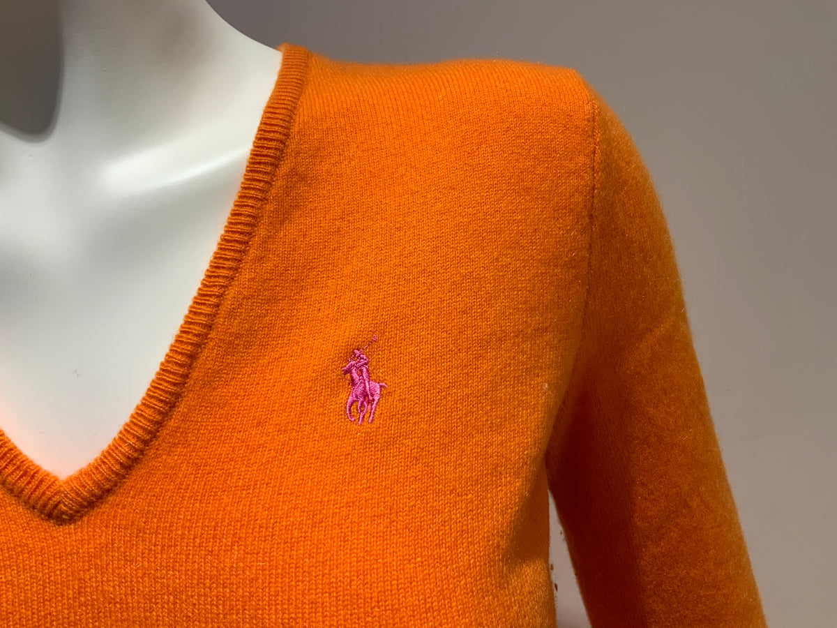 Ralph Lauren Pure Cashmere Neon Orange V neck Jumper Sweater Size M medium ladies