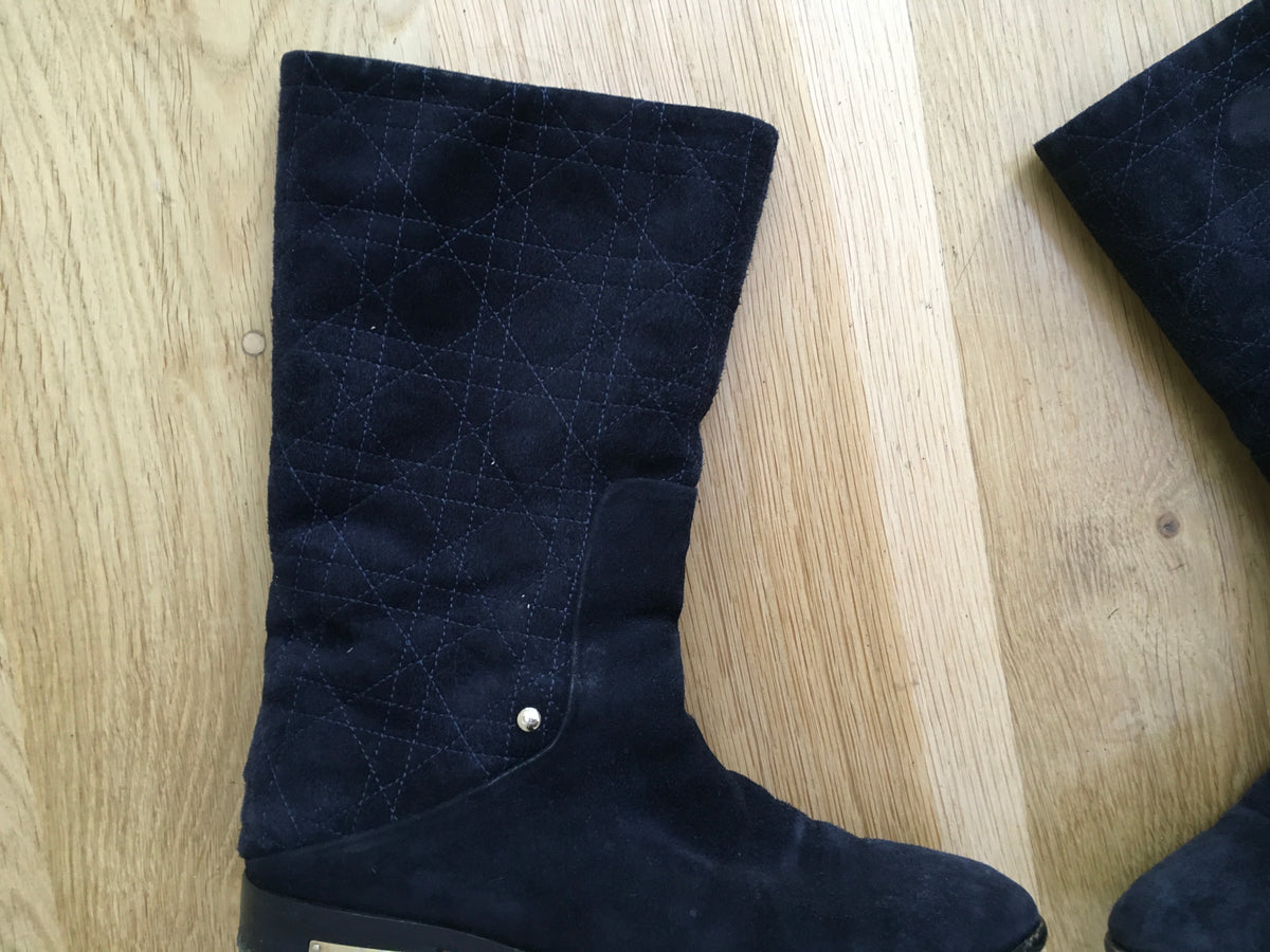 DIOR Navy Suede Leather Shearling Fur Cannage Flat Boots Size 36 UK 3 US 6 ladies