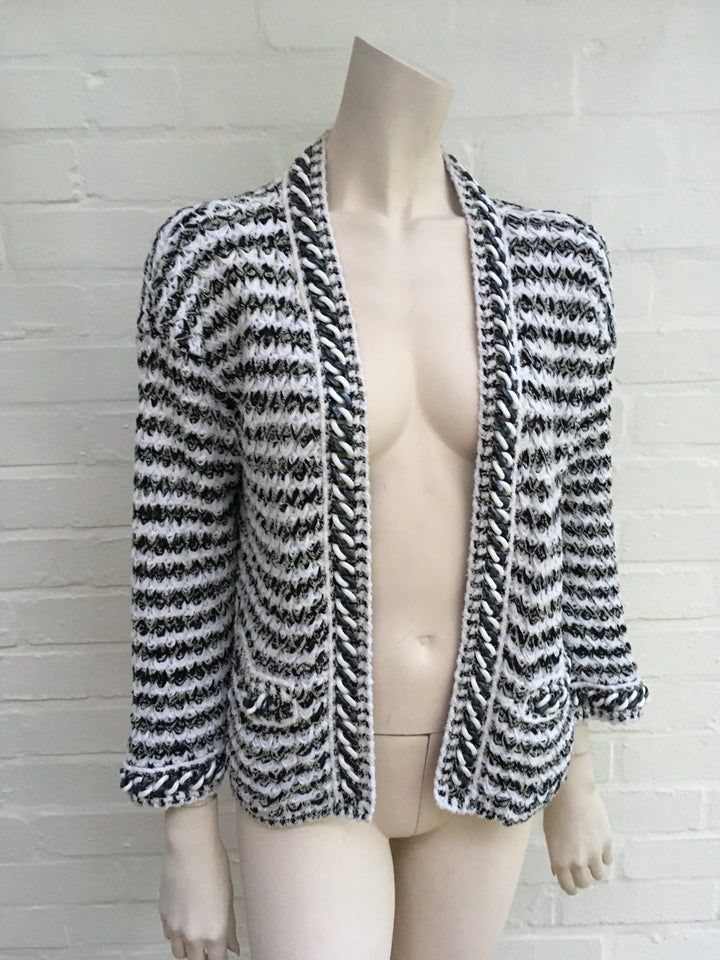 CHANEL 18P 2018 Black & White Brocade Trim Cardigan Chain Trim Ladies