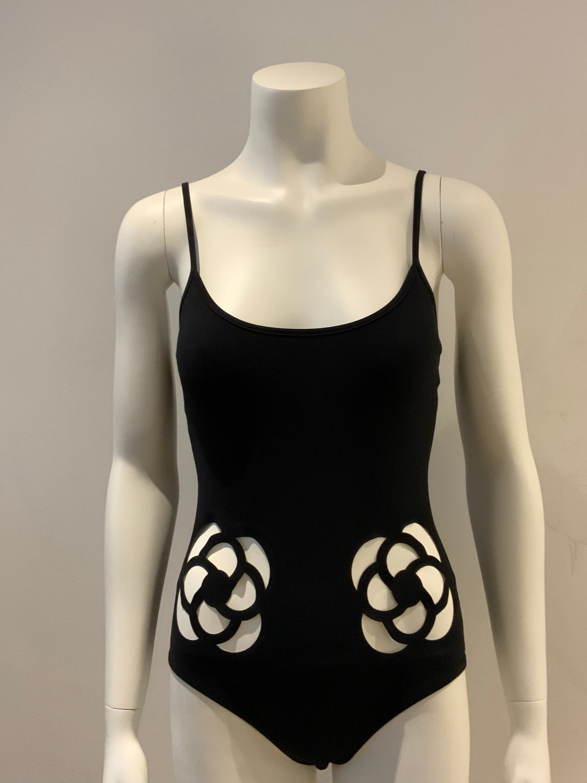 CHANEL ICONIC 16C CAMELLIA CUTOUT LASERCUT BLACK ONE-PIECE SWSIZE F 36 UK 8 US 4 ladies