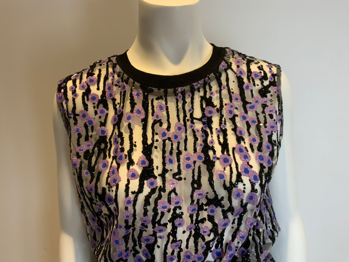Carven Women's Floral Top Glitter Silver/Black/Lilac SIZE F 36 US 4 UK 8 S SMALL ladies