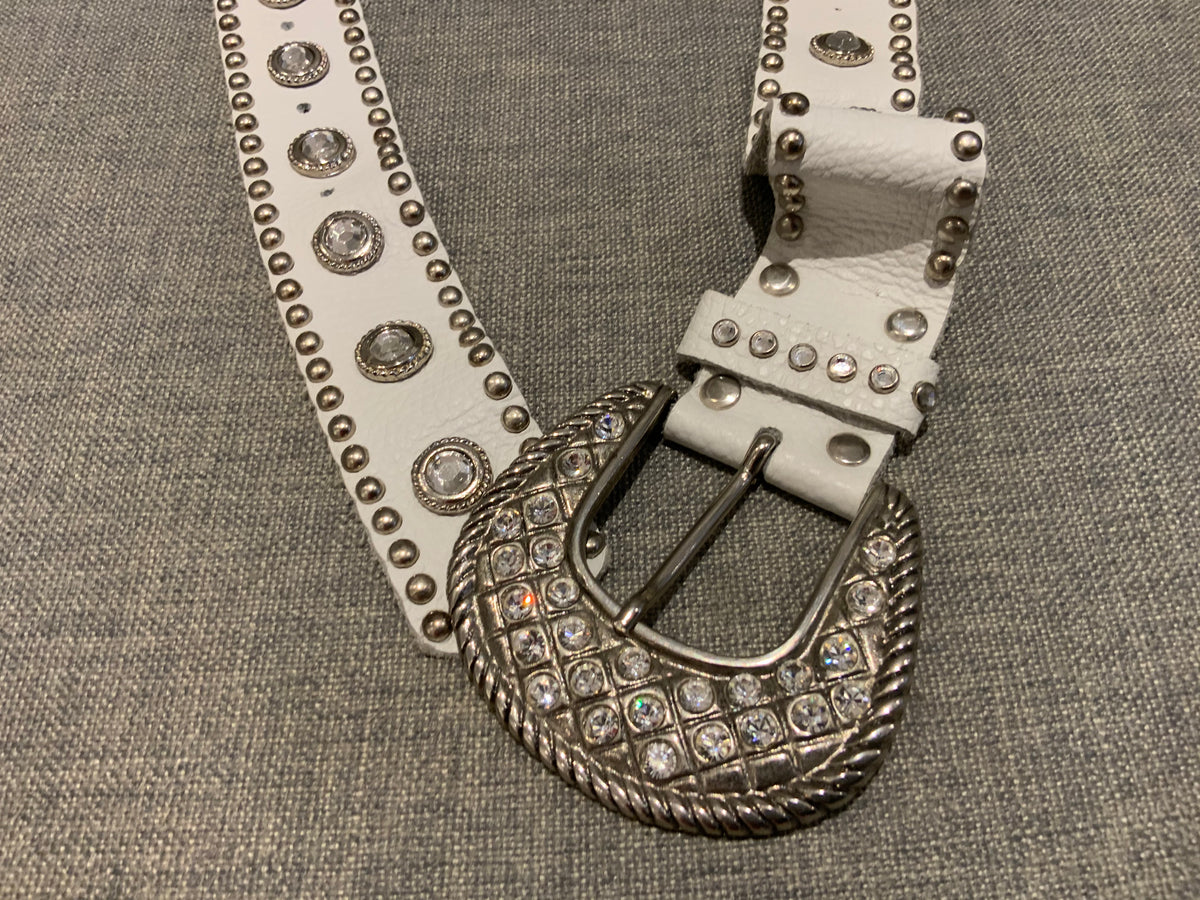 White Leather Studded Crystal Belt Size 85 / 34 ladies