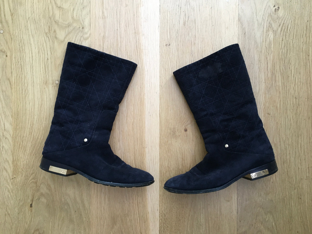 DIOR Navy Suede Leather Shearling Fur Cannage Flat Boots Size 36 UK 3 US 6 ladies