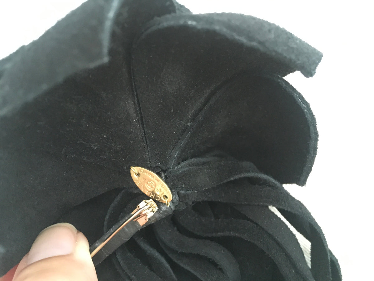 CHANEL CAMELLIA BLACK SUEDE LEATHER FLOWER FRINGE BROOCH PIN 2014 ladies