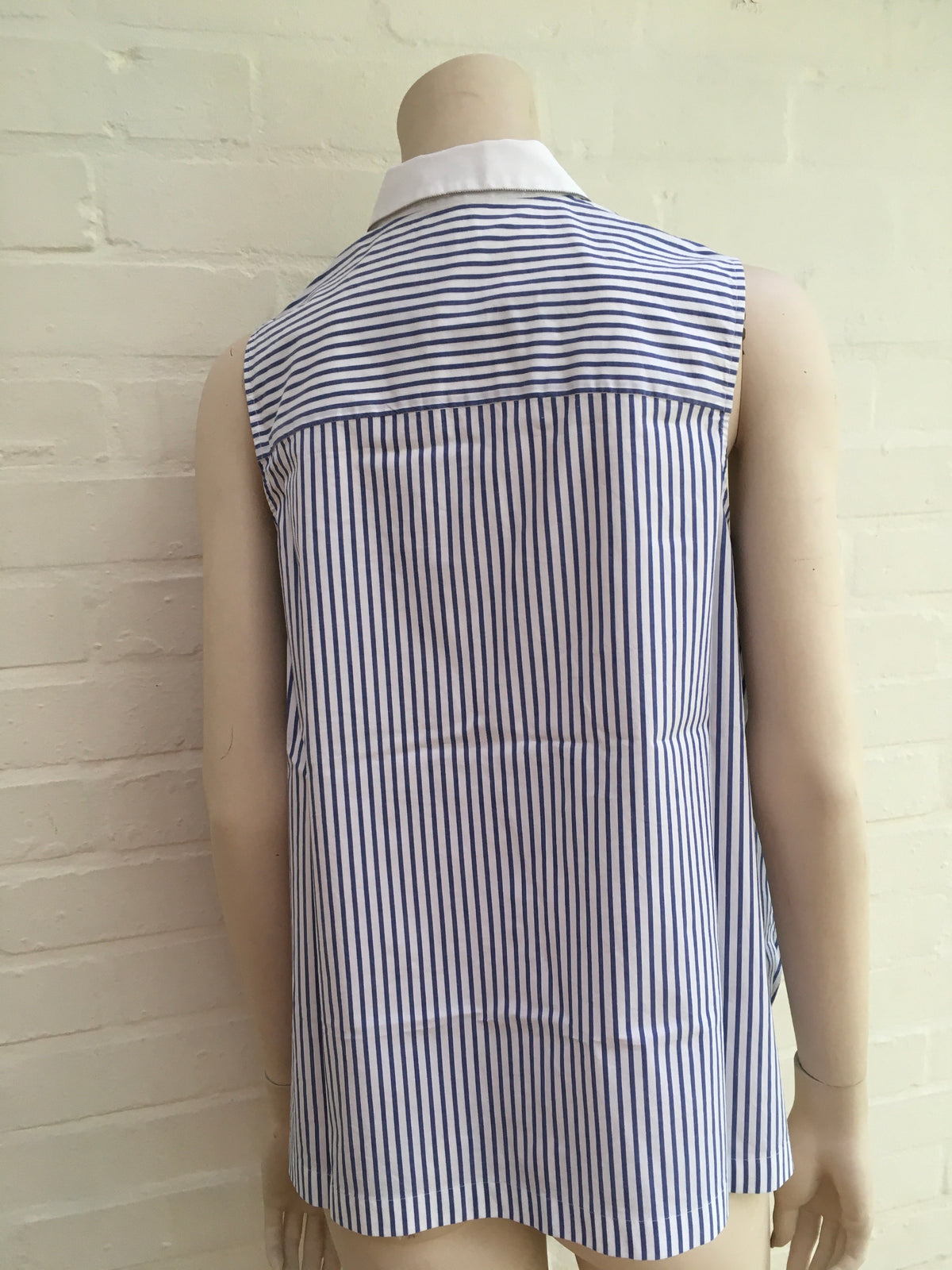 Brunello Cucinelli A-Line Striped Poplin Shirt Sleeveless White/blue Monili Trim ladies