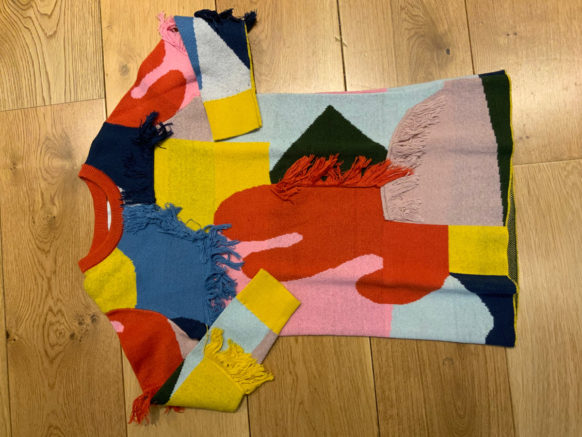 Stella McCartney KIDS COLOR BLOCK & FRINGES COTTON WOOL KNIT Dress SIZE 8 years children