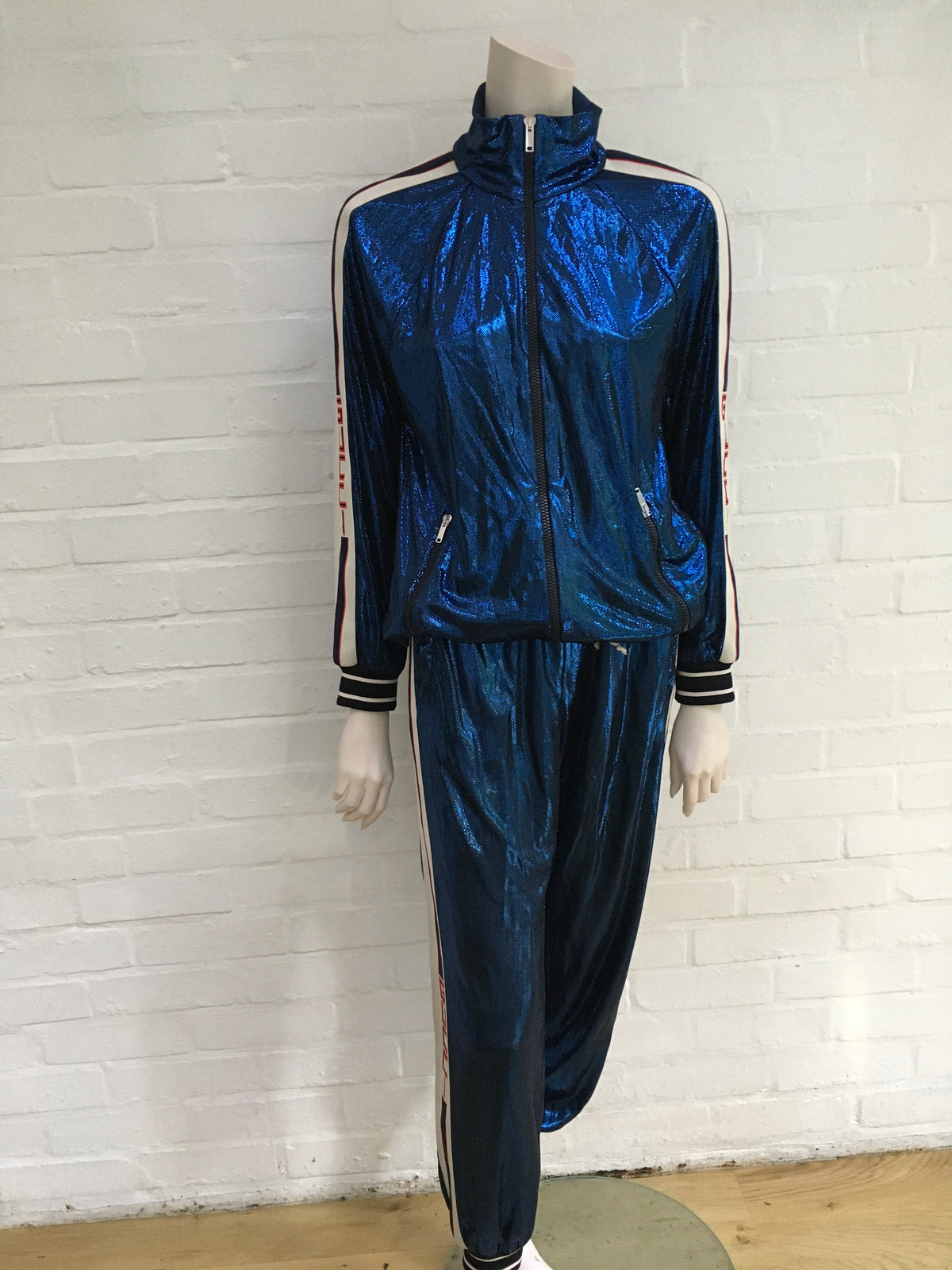GUCCI 2019 Metallic Blue Lamé Logo Track Jacket Ladies