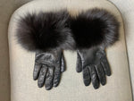 Leather Black Fox Fur Trim Cashmere Lining Short Gloves Size M Medium ladies