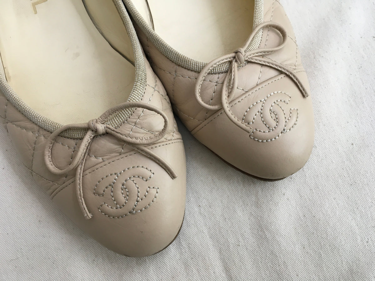 CHANEL CC Quilted Leather Ballet Flats Shoes in Beige SIZE 37 UK 4 US 7 ladies