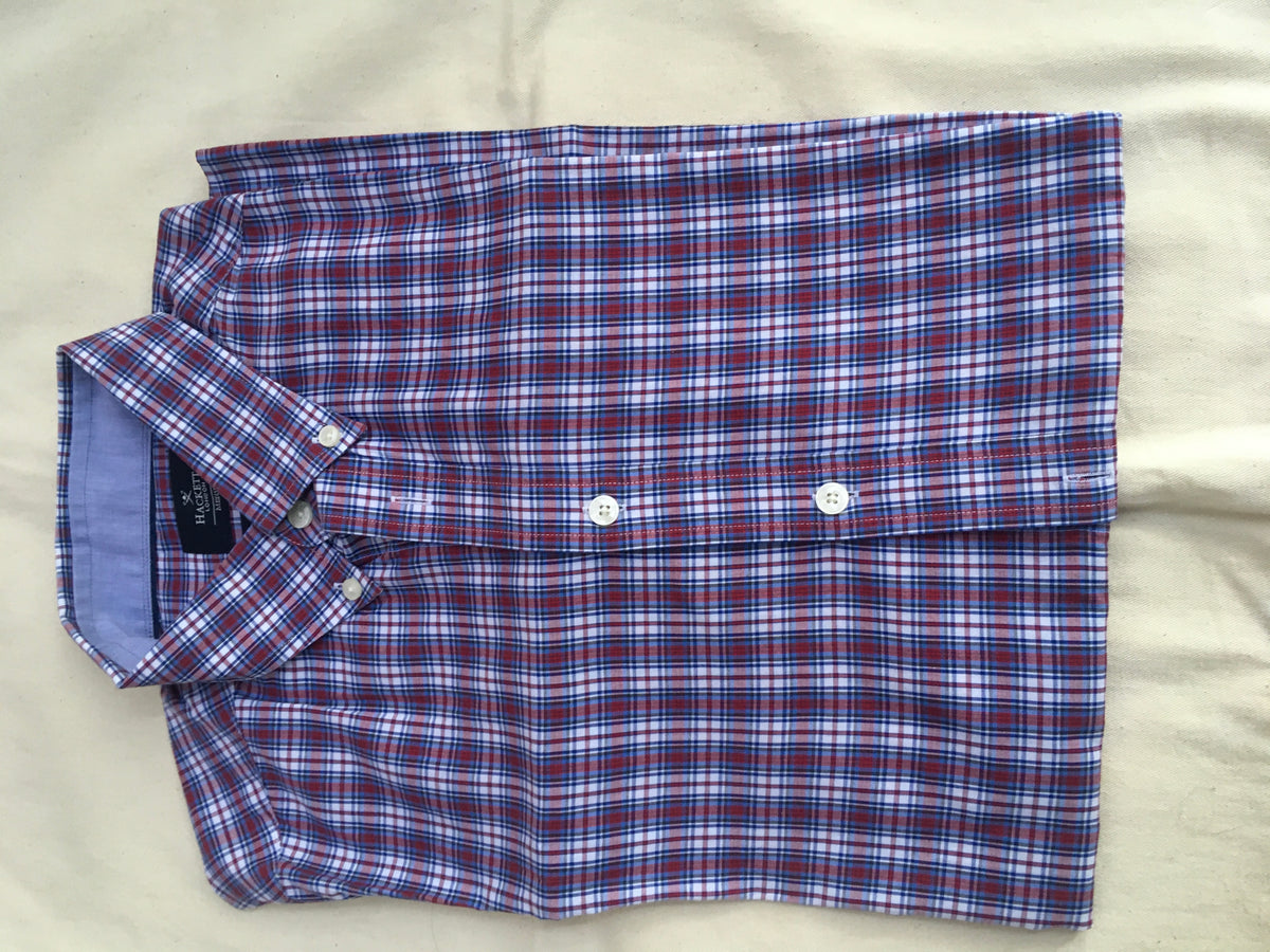 Hackett London Blue & Wine Red Melange Poplin Check Button Down Shirt Size M Men