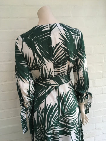 zara green leaf print dress Zara Green White Leaf Print Midi Maxi Long Sleeve Shirt Dress size XL 16 18