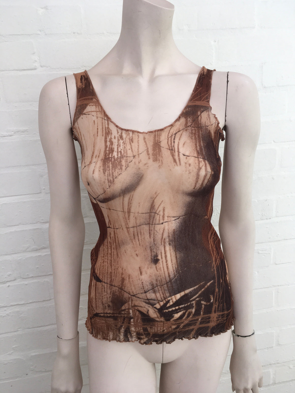 Jean Paul GAULTIER 1990's "Broken Status" Women's Body Sheer Tank Top Size L ladies