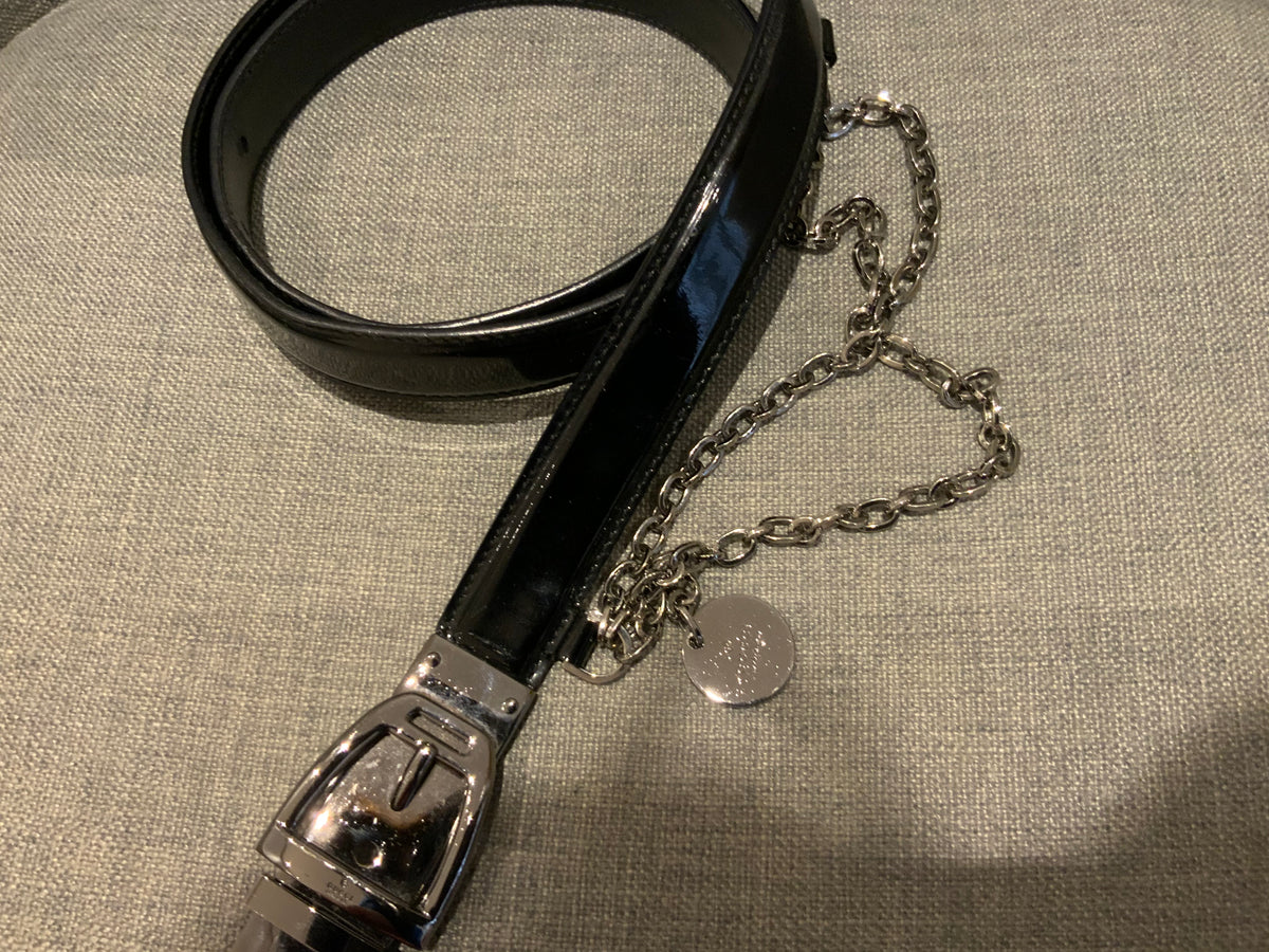 Gucci Tom Ford Skinny Patent Leather Black Chain Drop Belt ladies