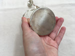 LOVELY ANTIQUE SILVER PLATED AND GLASS POT AND SPOON