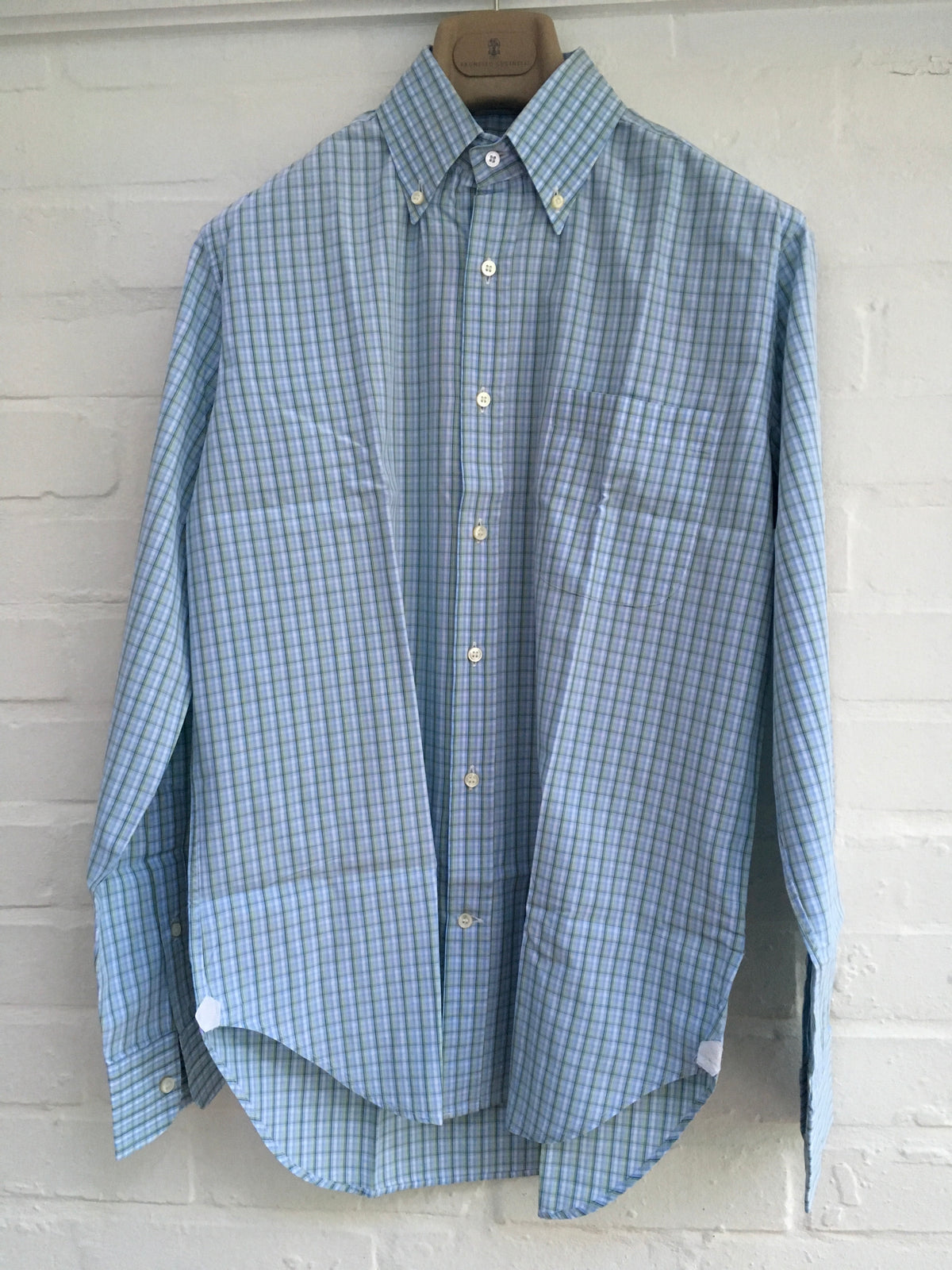 LORO PIANA Green Blue White Plaid Check Cotton Dress SHIRT 15 1/2 “ 39 Men