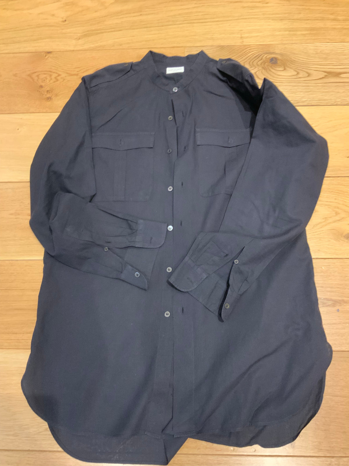 DRIES VAN NOTEN black washed cotton utility pocket tencel linen long shirt Sz 52 men