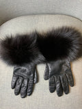Leather Black Fox Fur Trim Cashmere Lining Short Gloves Size M Medium ladies