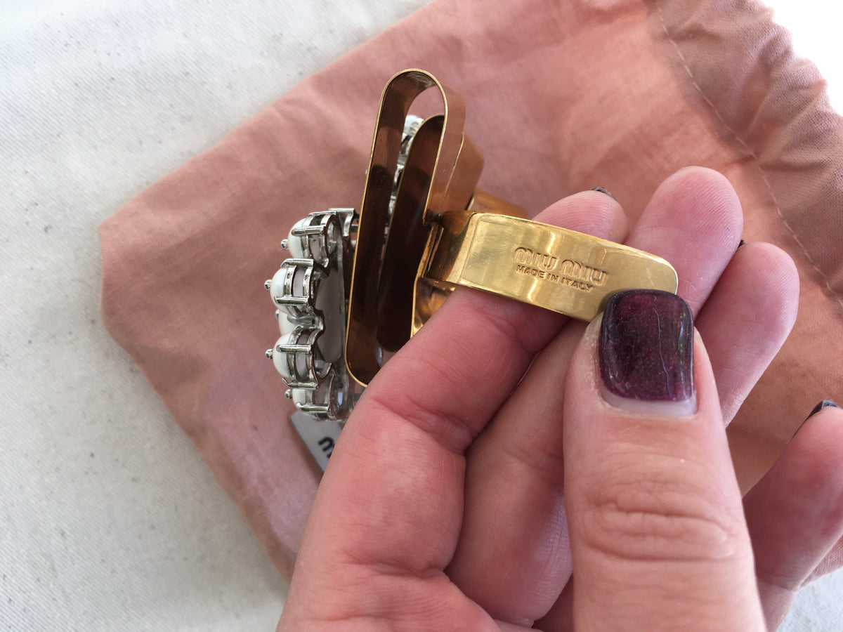 MIU MIU Faux Pearl Cuff Bangle Gold Tone Bracelet ladies