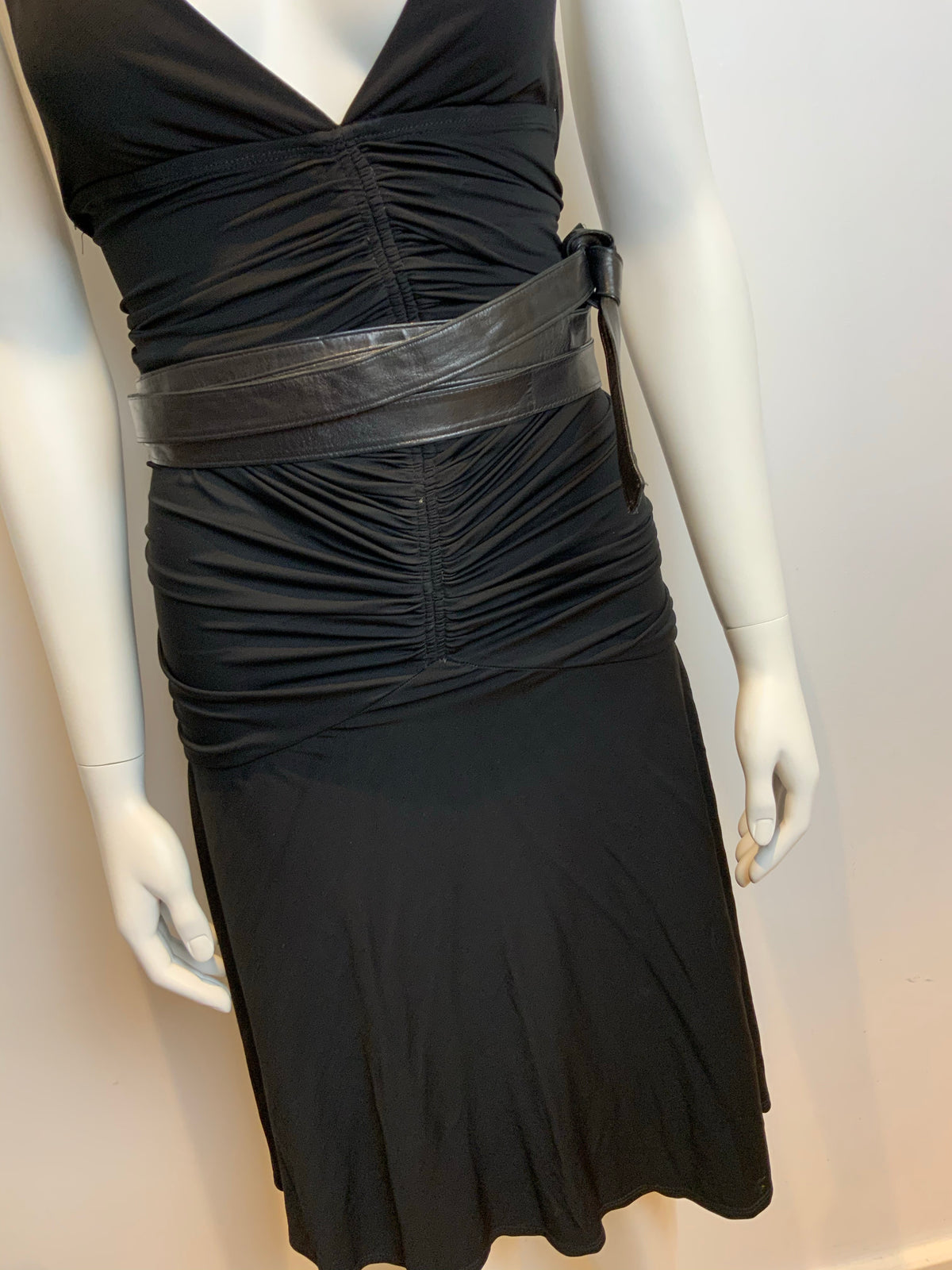 Donna Karan New York LBD Little Black Dress Backless Leather Straps Size S Small ladies