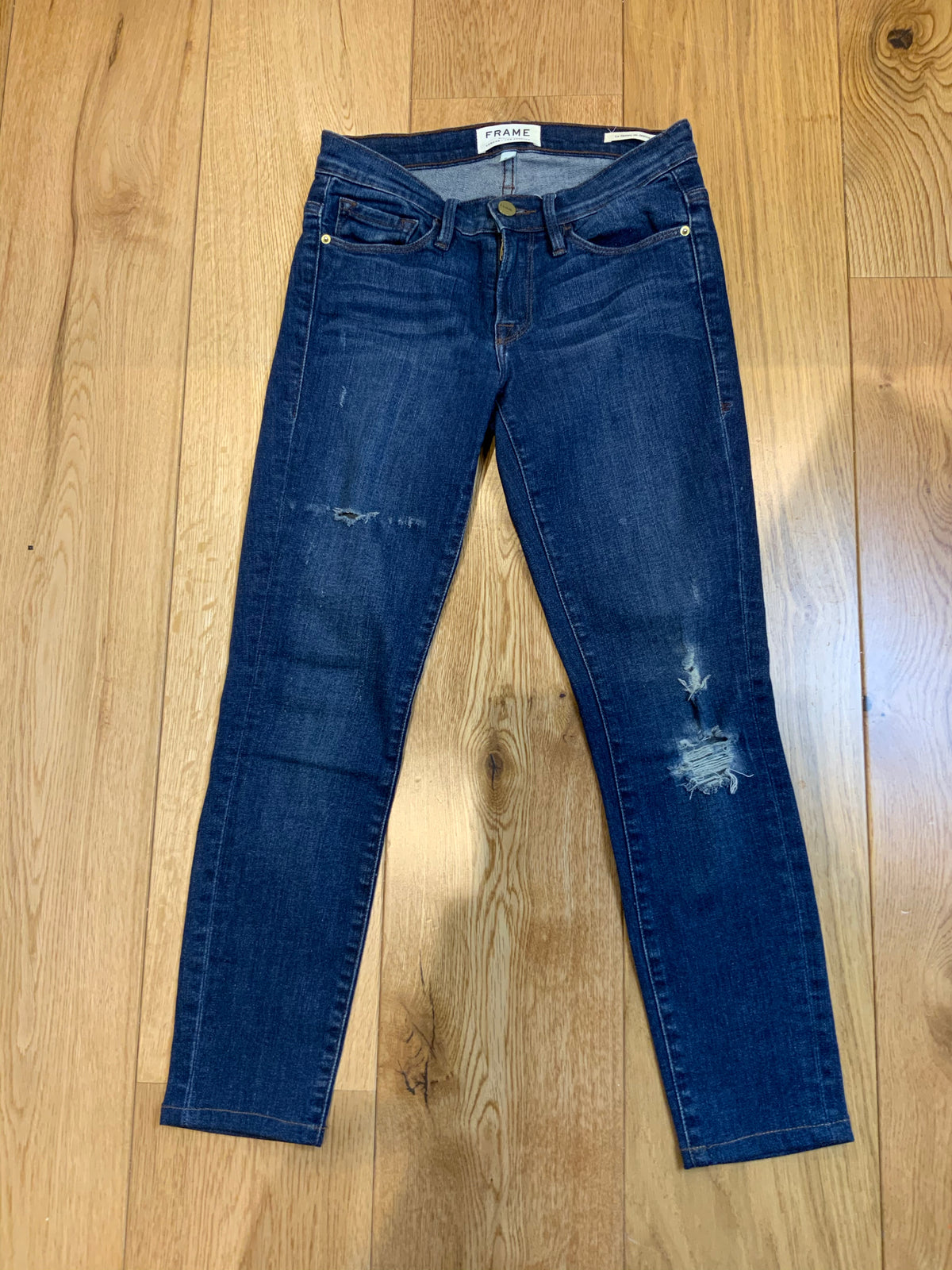 FRAME LE SKINNY DE JEANNE CROP DISTRESSED DENIM JEANS Size 24 ladies