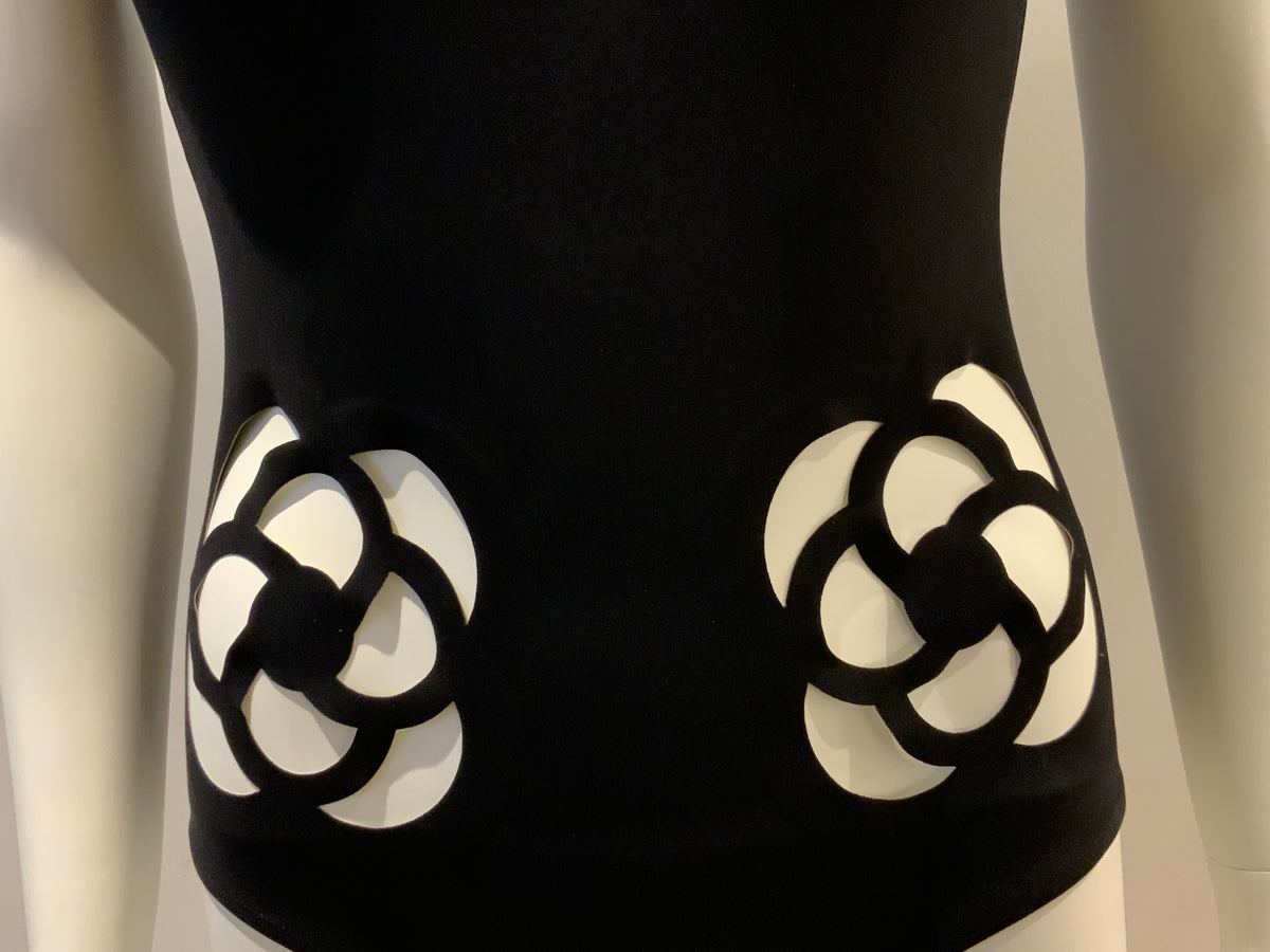 CHANEL ICONIC 16C CAMELLIA CUTOUT LASERCUT BLACK ONE-PIECE SWSIZE F 36 UK 8 US 4 ladies