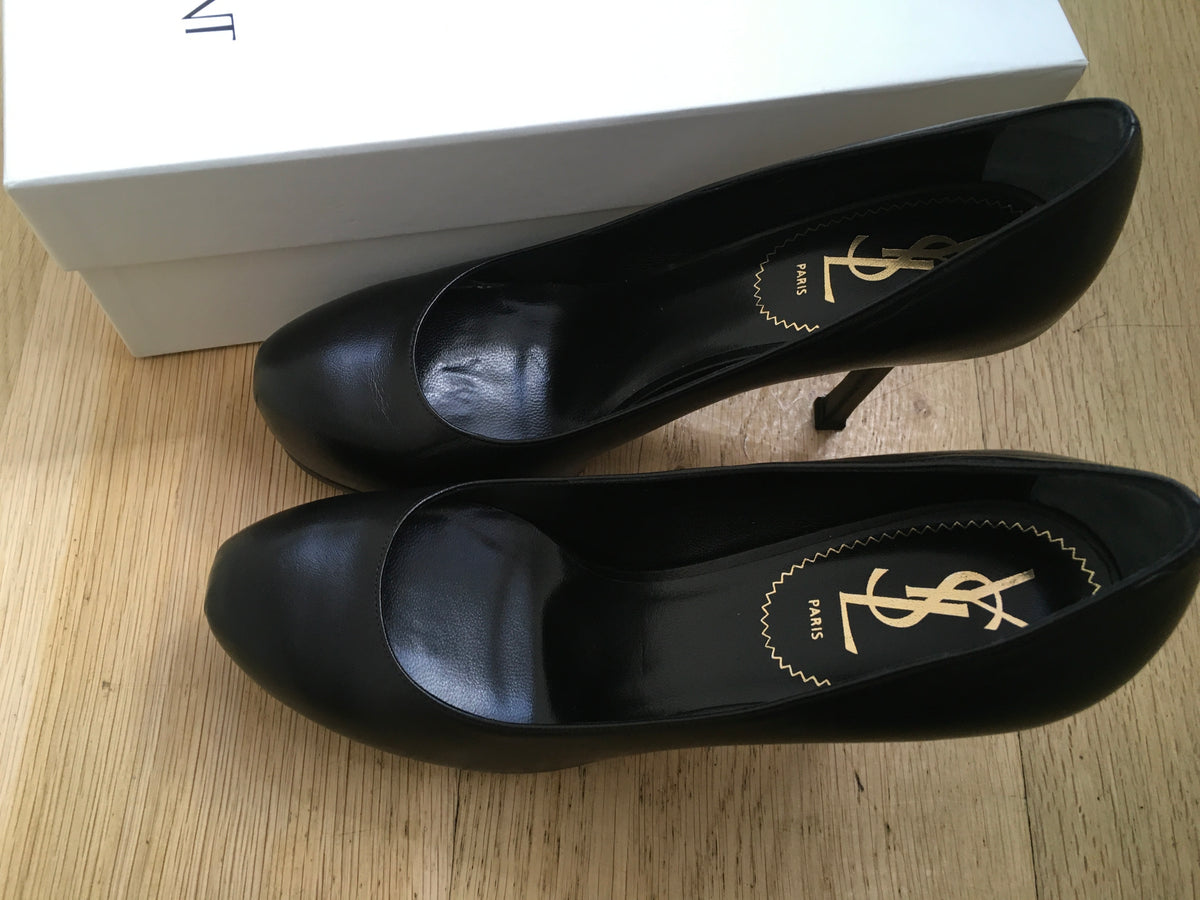 YVES SAINT LAURENT Black Ysl Tribtoo 80 Napa Leather Platform Pumps Size 38 ladies