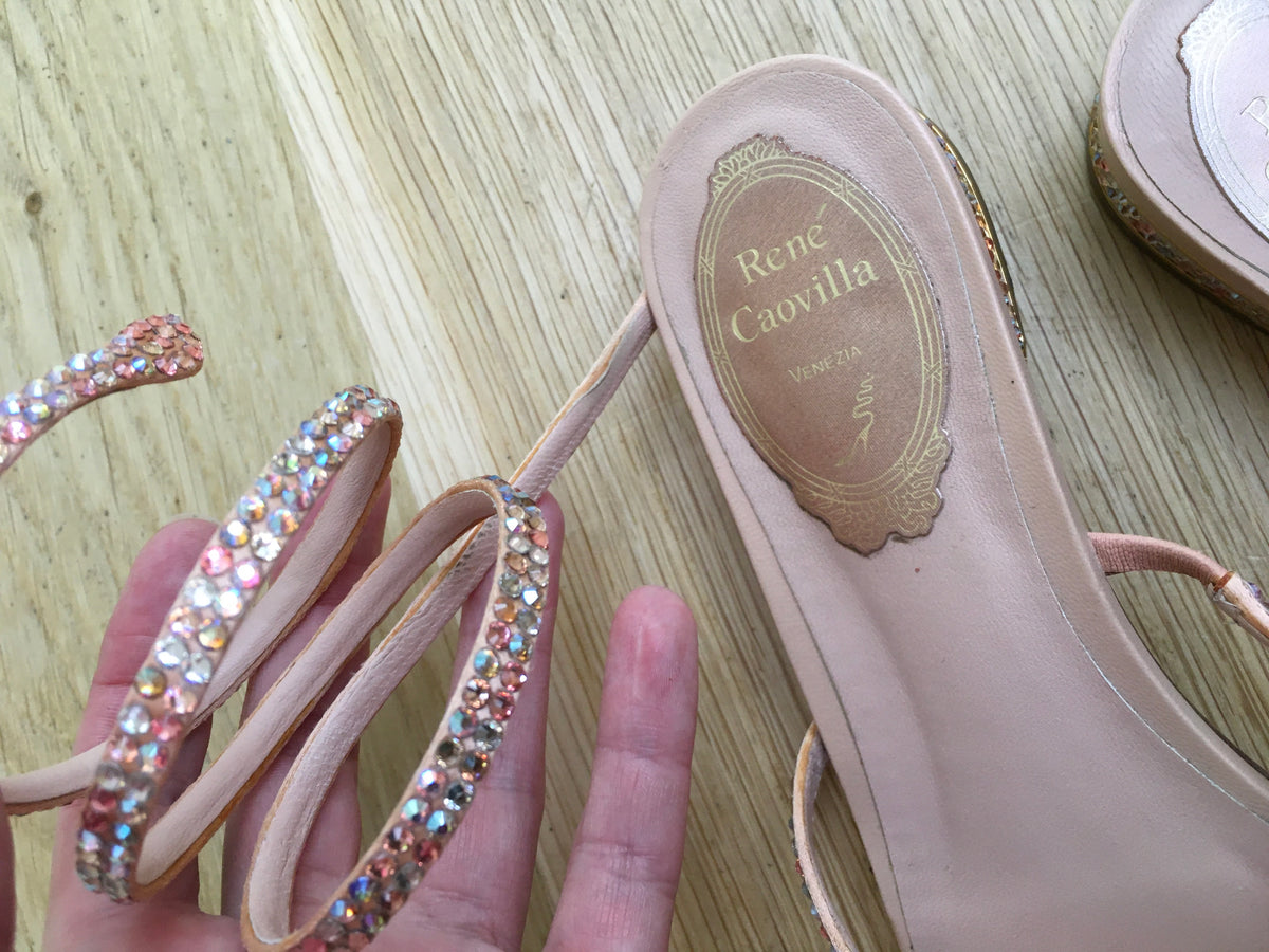 RENE CAOVILLA Swarovski JEWELED WRAP LEATHER SPIRAL SANDALS SHOES 36 UK 3 US 6 ladies
