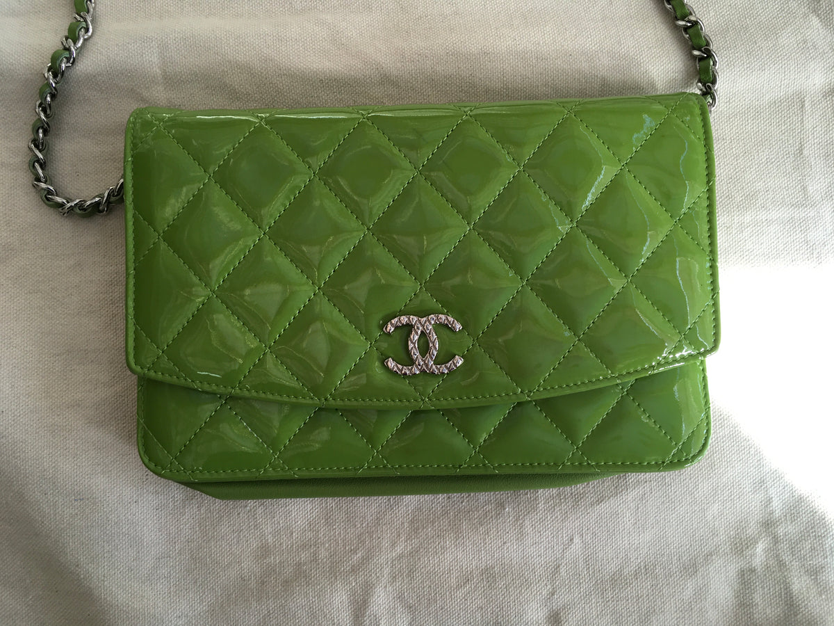 CHANEL Patent Quilted Wallet On Chain WOC Lime Green Bag Handbag Rare Ladies