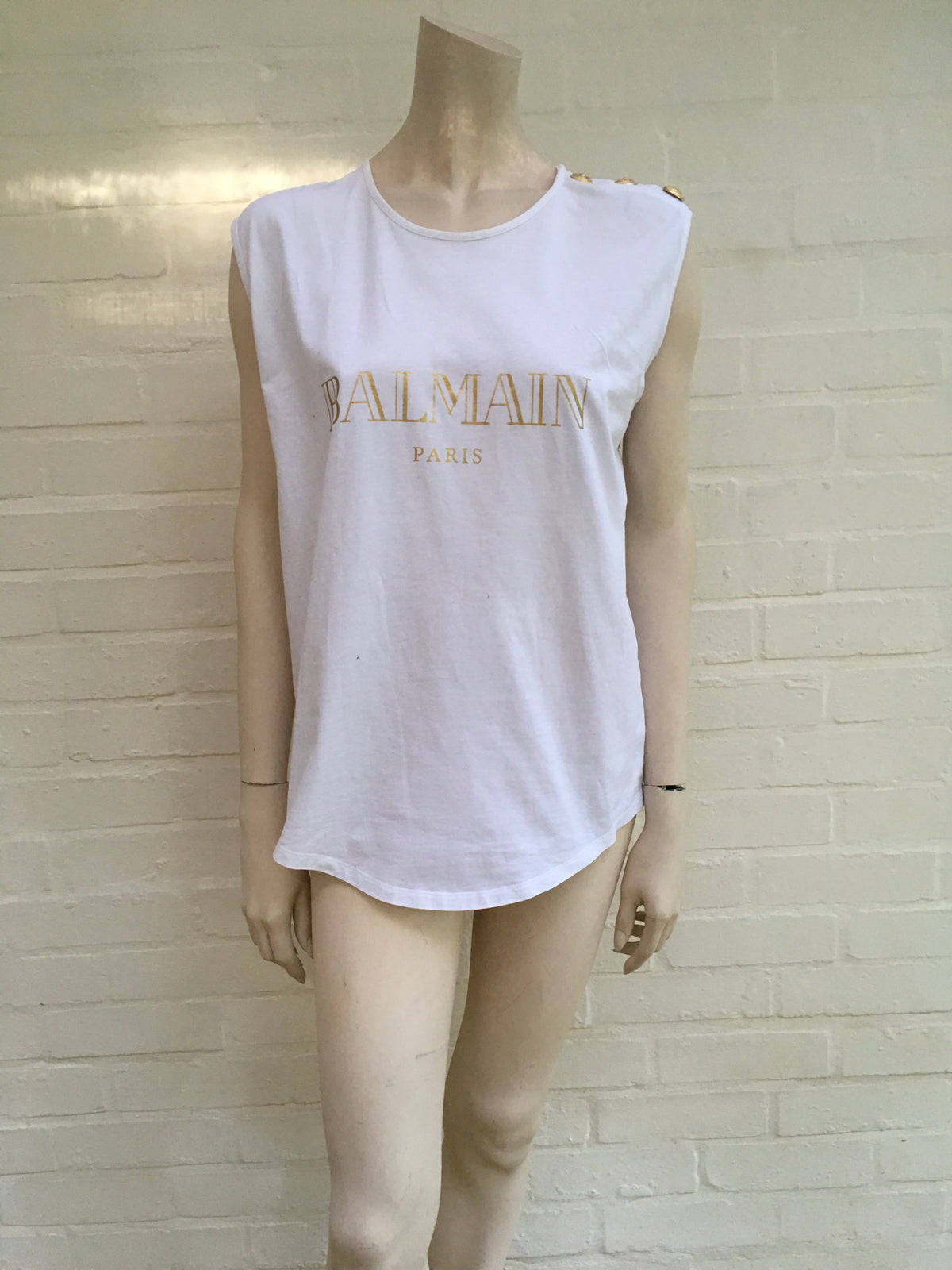 BALMAIN White Button-embellished printed Sleeveless Top T-shirt Ladies