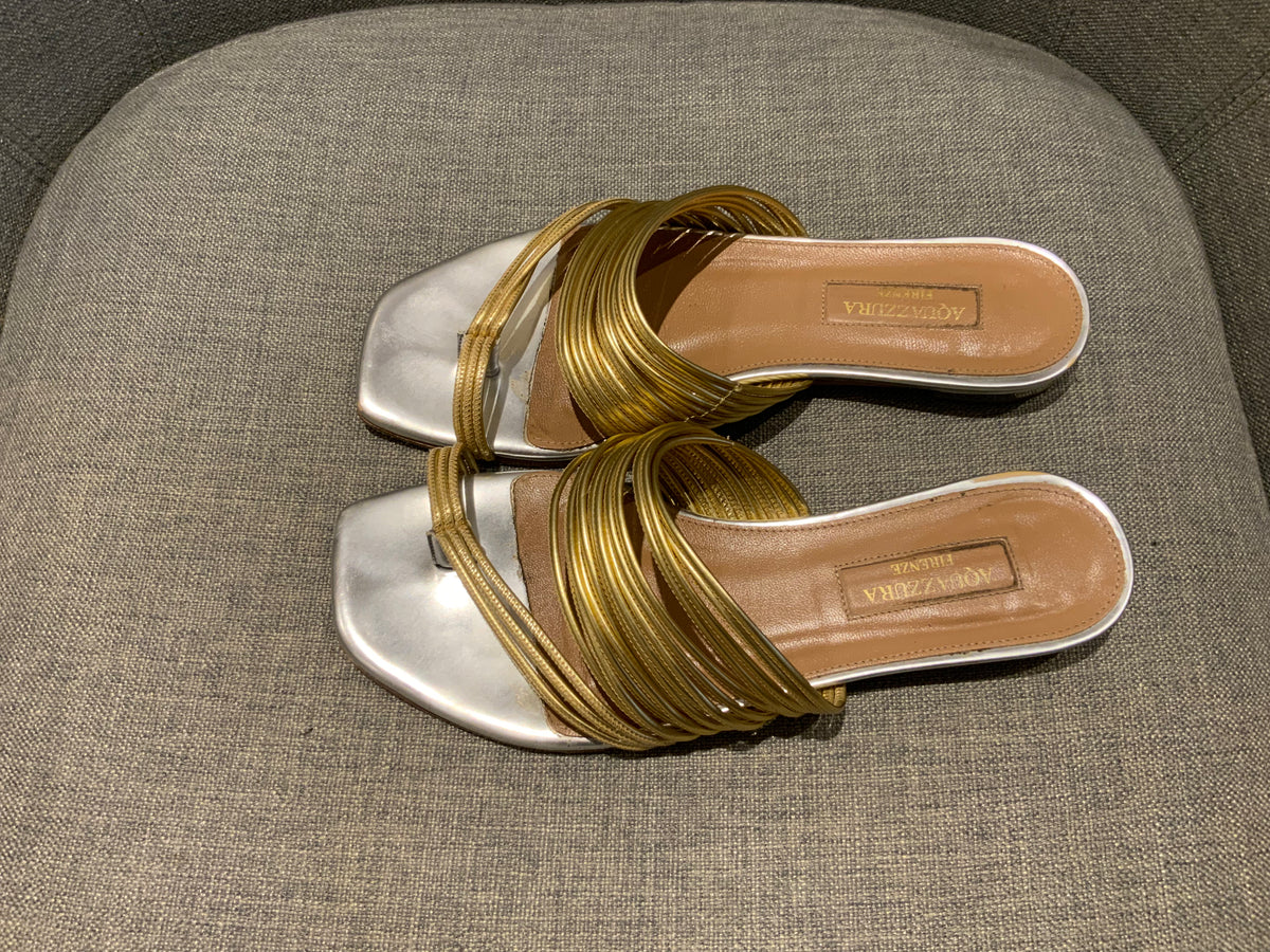 Aquazzura Gold Leather Flat Slippers Sandals Size 35 US 2 UK 5 ladies