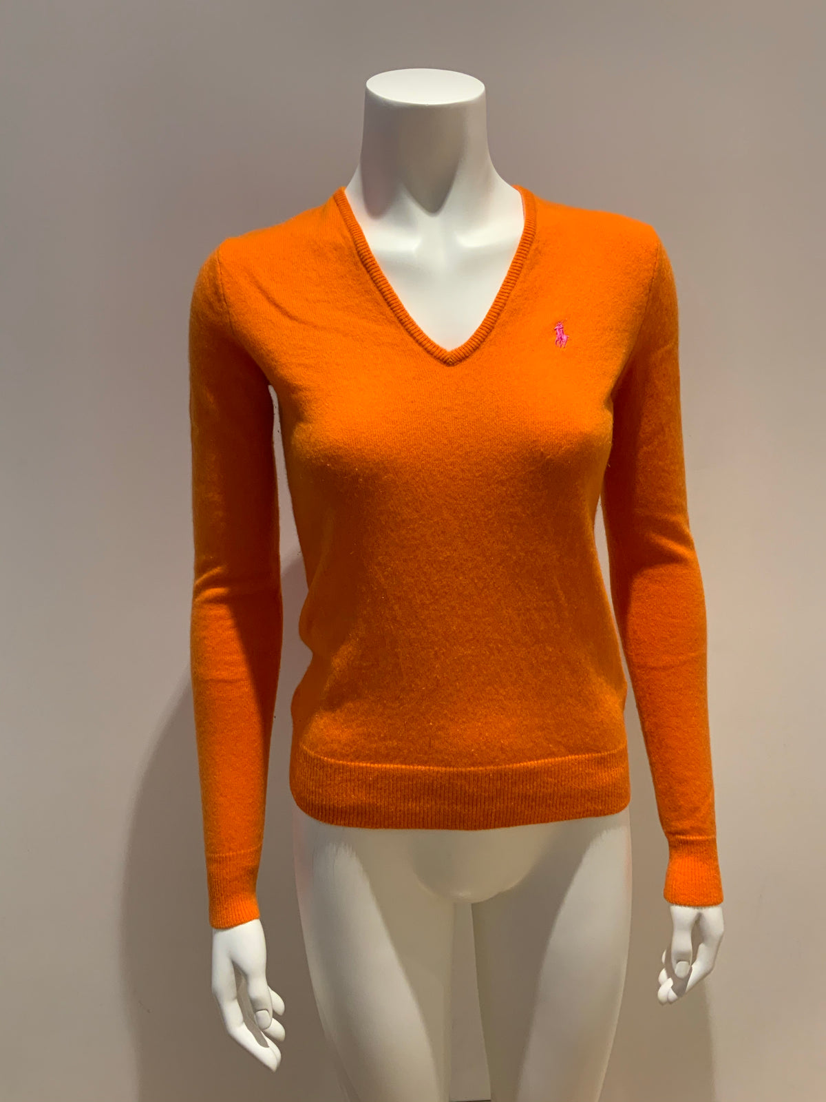 Ralph Lauren Pure Cashmere Neon Orange V neck Jumper Sweater Size M medium ladies