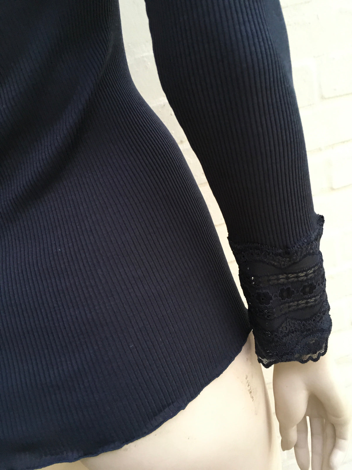Rosemunde Copenhagen Silk Cotton Long Sleeve Lace Top - Navy Size L Large Ladies