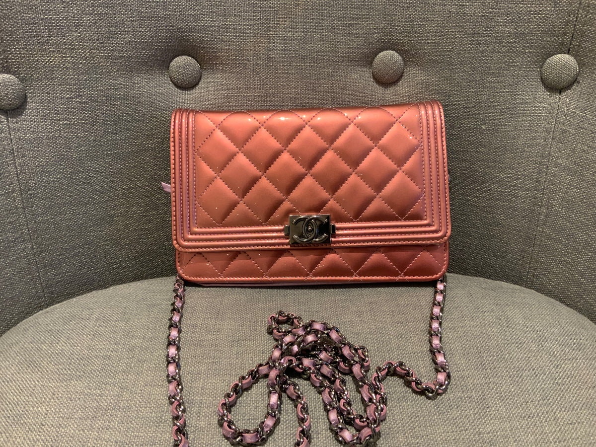 CHANEL Metallic Pink Quilted Patent Leather Boy Flap Bag WOC Wallet on Chain ladies
