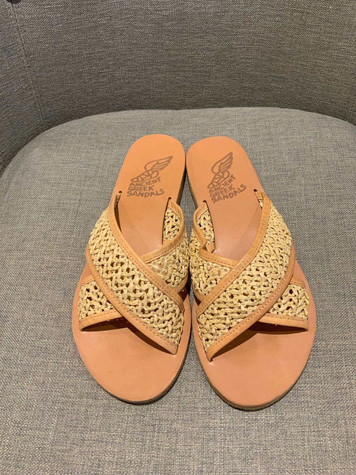 Ancient Greek Sandals Thais Woven Raffia And Leather Slides Slippers Size 40 ladies